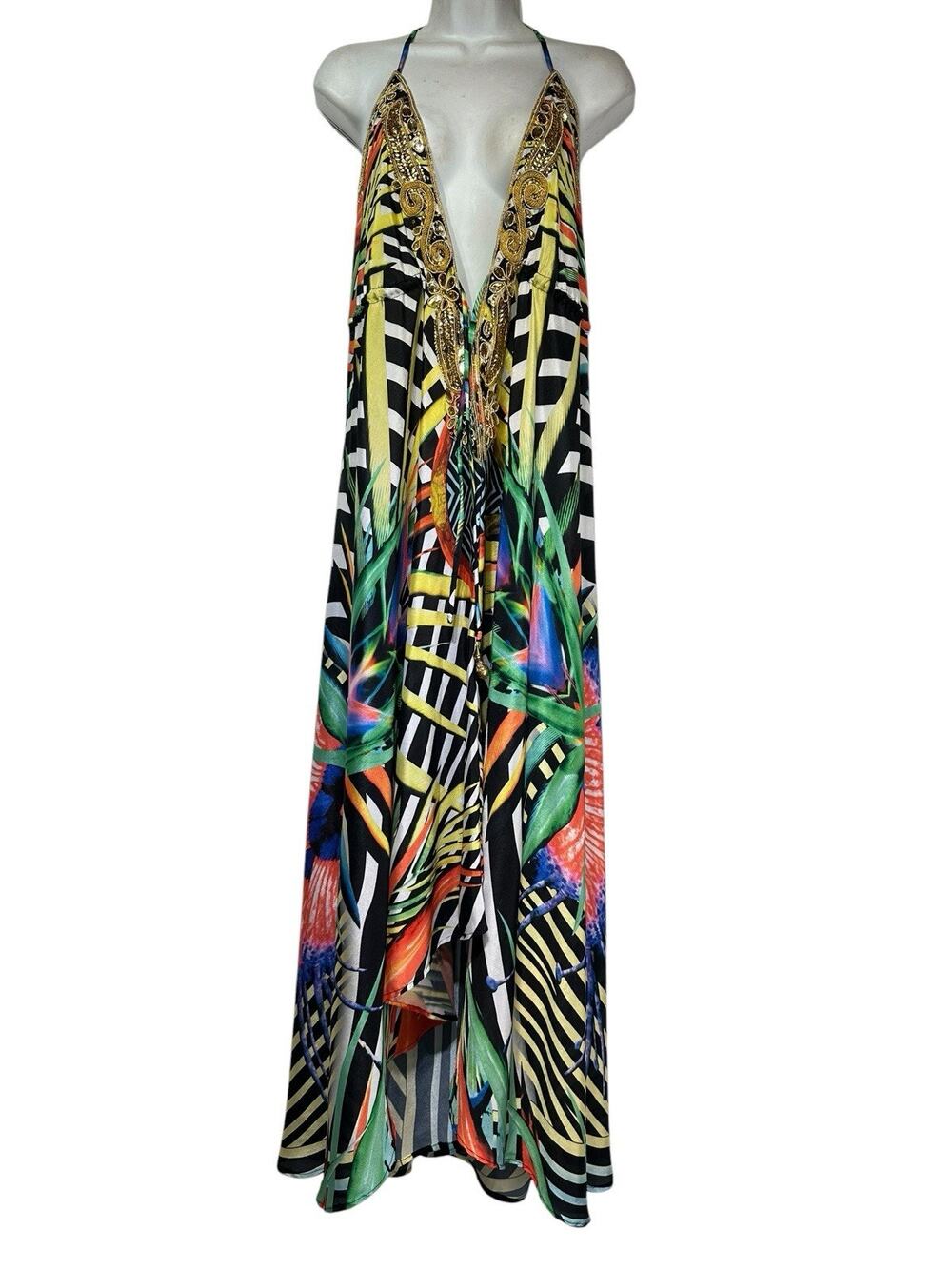 Manish Vaid Beaded Embellished Hi Lo tropical birds of paradise Deep V Dress OS